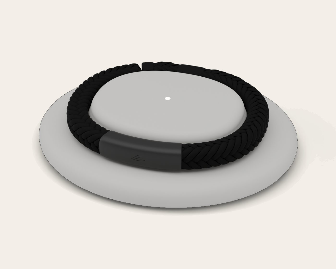 Locara resting on its stone grey charging pebble, with a small light glowing in the middle