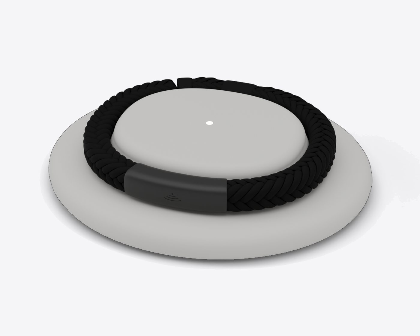 Locara resting on its stone grey charging pebble, with a small light glowing in the middle